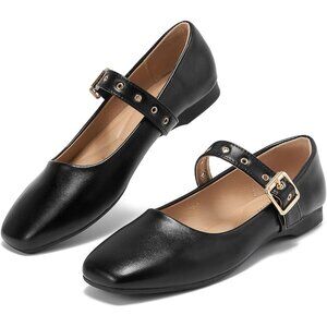 Women Pu Black Polyurethane (PU) Closed Toe Strap Buckle Ballerina Flats Shoes